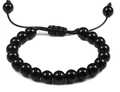 Pulsera ajustable de cuentas negras brillantes con cierre de cordón trenzado - Pulsera de piedra negra brillante