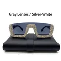 Women's oversized semi-rimless sunglasses with silver rhinestones and grey blue lenses - Grey Lens Silver White Rhinestone