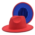 Classic wide brim felt fedora hat in solid red and dual-tone red with blue interior - M / Red and Royal Blue