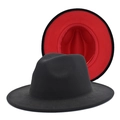 Classic two-tone fedora hat in black felt with a red lining, wide brim jazz style - M / Black + Red