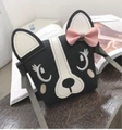 Cute puppy cartoon crossbody bag for kids with black and white bulldog design and bow - Black