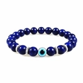 8mm dark blue tiger eye beads bracelet featuring a central silver evil eye charm - Lapis Lazuli