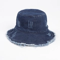 Detail of vintage navy blue denim bucket hat featuring distressed holes and frayed edges - One Size / Dark Blue