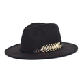 Detailed close-up of a black wool fedora hat featuring a gold feather buckle and leather band - M (56-58cm) / Coffee