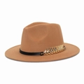 Camel felt fedora hat with black leather band and gold leaf buckle on white background - M (56-58cm) / Camel