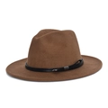 Classic brown wool felt fedora hat with a wide brim and black leather band decoration - M (56-58cm) / Khaki