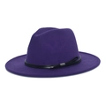 Detail of dark purple wool fedora hat featuring black leather belt and silver buckle - M (56-58cm) / Purple