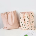 Dual-sided reversible peach print and solid pink canvas tote bag shopping carrier - Pink Peach