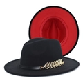 Cappello fedora in lana nero e rosso con fibbia a piuma dorata e fascia in pelle vintage - M (56-58cm) / Nero & Rosso Contrasto