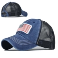 Navy gewassen denim paardenstaart trucker pet met Amerikaanse vlag borduurwerk en net - Verstelbaar / Marineblauw