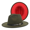 Detail of green wool fedora hat with red brim lining and black leather band with gold buckle - Army Green & Red
