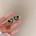 Elegant heart-shaped earrings in black enamel with golden rose relief and silver needle - Embossed Rose Heart (Silver Earring Post. Black)