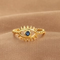 Gold-plated Evil Eye open ring with blue stone on luxury brown satin background - Evil Eye Beaded Ring (Q-J086) / Gold