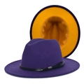 Dettaglio di cappello fedora in lana con esterno viola, tesa gialla e cinturino in pelle - M(56-58cm) / Viola (Fodera Gialla)