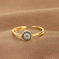 Gold-plated adjustable evil eye ring with sparkling blue and white cubic zirconia - Evil Eye Disc Style (Q-J072) / Gold