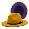 Dettaglio di un cappello di lana giallo con fascia in pelle nera e fodera interna viola - M(56-58cm) / Giallo (Fodera Viola)