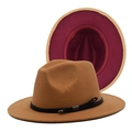 Khaki wool fedora with burgundy lining and black leather band with metallic accents - M(56-58cm) / Camel (Wine Red Lining)