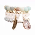 Bohemian multi-layer natural stone bead bracelet set with heart, feather and tassel charms - Light Blue/Grey/Gold (BCSET20)