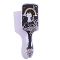 Detail of cartoon glitter hairbrush featuring white cat, rainbow, and magic text - 1821 Black Rainbow Cat (OPP Bag)