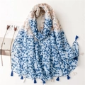 Boho sjaal met paisley en luipaardprint met marineblauwe kwastjes op witte achtergrond - Eén maat / Blauw-wit Gespleten Luipaard Paisley (SL2302-011)