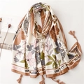 Zijden sjaal in etnische stijl met franjes en vintage tropische botanische patronen - 180*90CM / Khaki