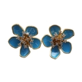 Detailed view of blue enamel flower stud earrings with gold plating and zircon centers - Blue