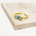 Macro detail of golden beaded adjustable ring with colorful enamel evil eye charm - Adjustable Open / Blue Evil Eye