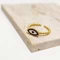 Golden Evil Eye open ring with beaded texture and black and white enamel detail - Adjustable Open / Black and White Evil Eye