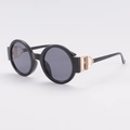 Stylish round full-frame sunglasses with black acetate frame and gold hollow metal accents - Black Frame Black Grey Lens