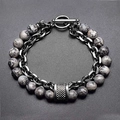 Double-layered beaded bracelet with gray map stone and dark metal chain with T-bar clasp - Full Map Stone