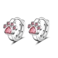 Detailed view of silver cat paw hoop earrings with pink heart-shaped cubic zirconia - Pink Zirconia