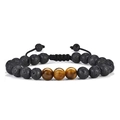 Detalle de pulsera de ojo de tigre y piedra de lava de 8mm con cordón trenzado - Piedra de lava negra / Ojo de tigre amarillo (Acento)