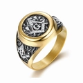 Vintage gold Masonic stainless steel ring with G logo and white crystal accents - US 5 / Gold (07301)