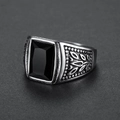 Men's vintage stainless steel ring featuring a black rectangular gemstone and leaf relief - US Size 8 / Black Stone