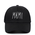 Black cotton baseball cap featuring white MAMI embroidery with a curved brim for adults - Black Embroidered MAMI