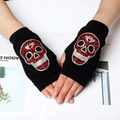 Guantes de punto sin dedos con calavera de diamantes rojos y plateados, diseño punk - 15 (Estilo Corto) / Rojo