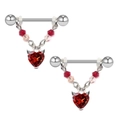 Devil heart nipple rings with red gemstone and silver wings on white background - Silver Devil Heart with Beads (1 Pair)