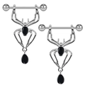 Polished stainless steel spider nipple rings with black teardrop zircon stones on white background - Silver Black Gem Spider (1pc)