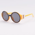 Modern round full-frame sunglasses with black front, bright orange temples and gold accents - Yellow Frame Grey Lens