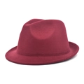 Detail of burgundy wool fedora hat featuring a classic crown and stitched wide brim - M (56-58cm) / Burgundy