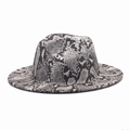 Detail of classic fedora hat featuring black and white snakeskin pattern and wide flat brim - M (56-58cm) / White