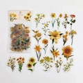 Vintage yellow floral PET stickers pack featuring sunflowers and roses for DIY scrapbooking - Unfinished Flower Story