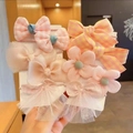 Elastische rosa Haargummis für Mädchen mit Stoffschleifen und Blumendesigns auf Karte - Orange-Pink Kariert 10-Teiliges Set (0662-8)