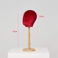 Red velvet mannequin head display on wooden stand for hats and wigs, 54cm head circumference - Red Velvet + Tall Base