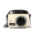 Detail of camera-shaped crossbody bag with red lips print and gold chain strap - Black