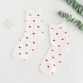 White cotton crew socks with red heart pattern and stylish rolled edges for women - Rolled Edge/Knitted / All-over Small Heart/White