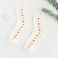 Creamy white crew socks with red hearts and floral patterns and ruffled edges - Lettuce Trim/Knitted / Flower Heart Row/Creamy White