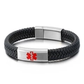 Herren Armband aus geflochtenem Leder mit medizinischem Edelstahl-Warnschild - Silberne Platte Schwarzer Geflochtener Stil (KB130438-KFC)