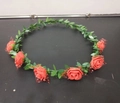 Floral headband with six red foam roses, dotted mesh trim and green leaf vine - Red