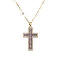 Collana croce d'oro con gemma viola quadrata e zirconi incastonati su catena a maglie piatte - Viola
